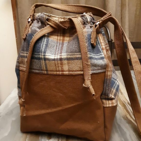 NEW Plaid Retro Schoolgirl Tote DoubleHandle Shoulder Bag Purse BrownBlue Canvas - Picture 1 of 8